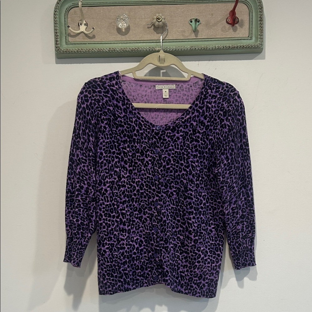 Vintage Y2K Dana Buchman Purple Leopard-Print V-Neck Sweater Cardigan medium